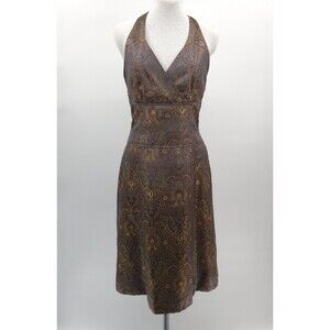 Harold's satin scroll print halter dress Size 6 gold grey knee-length old money